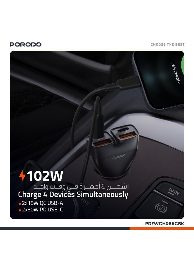 porodo DUALPOWER 102W Car Charger with USB-C to USB-C Cable/ PD 30W/ QC 18W/ x2 USB-C & x2 USB-A/ Fast Charging /102W High Power Output / Quick Charge/ Efficient Charging for Multiple Devices Car Charger - Black - Image 3